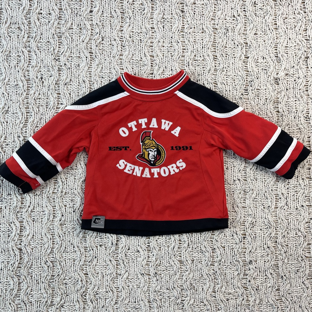 Y2K Mighty Mac Ottawa Senators NHL Jersey Hockey Kids 3 Red Polyester Logo Solid